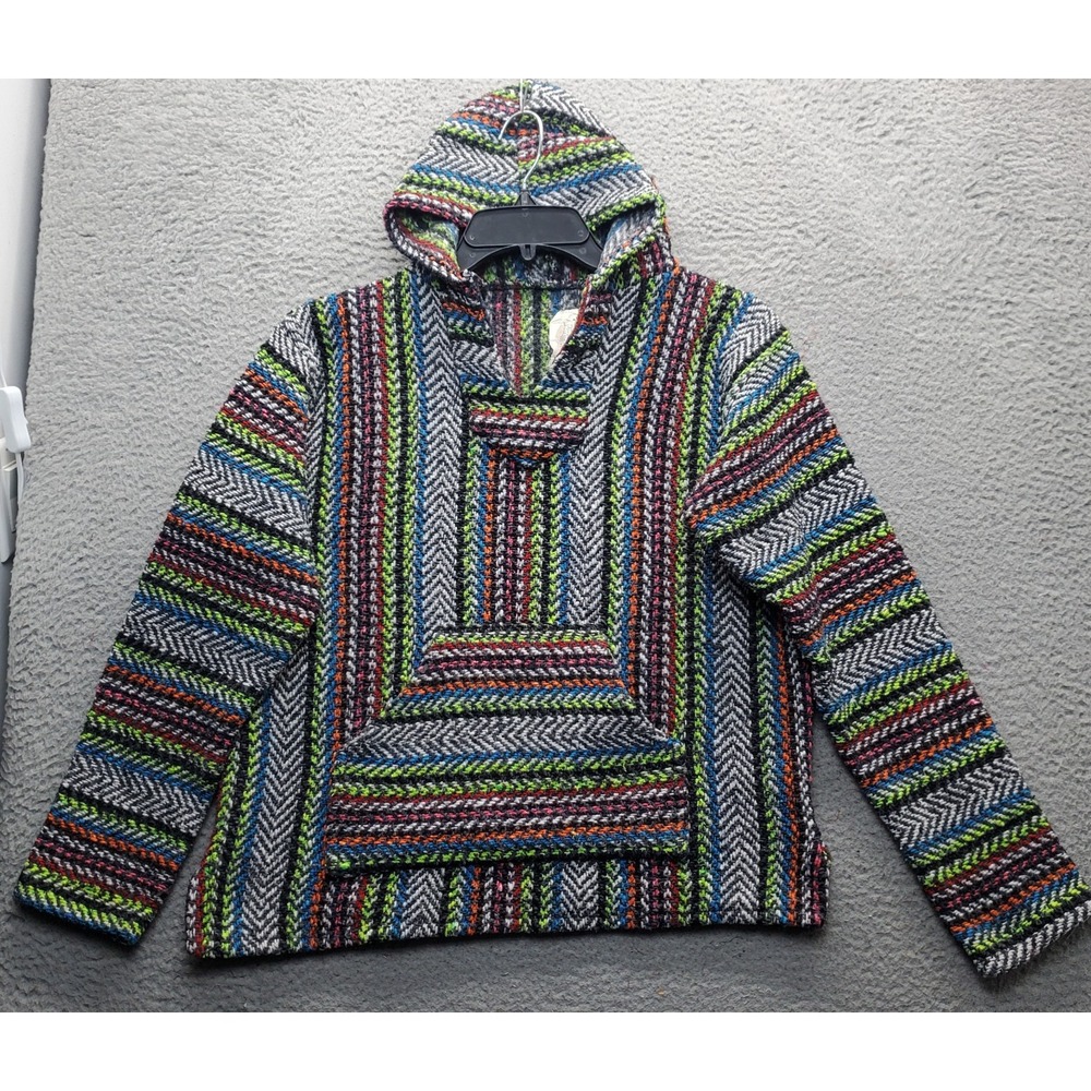 Men Drug Rug Hoodie XL Multicolor Striped Kangaroo Pocket Side Slit Long Sleeve